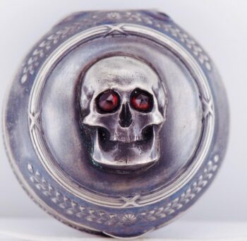 RARE 19th C. Victorian Silver Memento Mori Skull Poison / Pill Box with Garnets