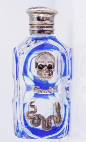 Antique Victorian Cocaine Poison Bottle – Cobalt Blue Cut Glass, Silver Skull