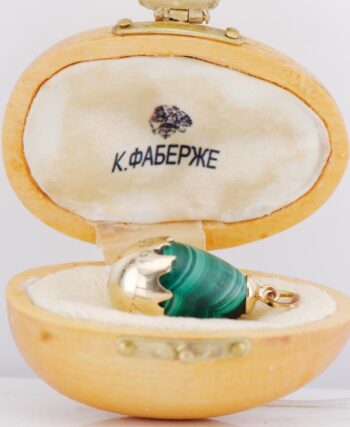 Antique Imperial Faberge 14k Gold Malachite Easter Egg Pendant Box 1903 -Empress