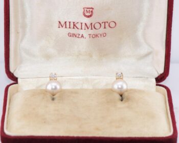 Vintage Mikimoto 18K Yellow Gold Cultured 9.7mm Pearl & Diamond Earrings