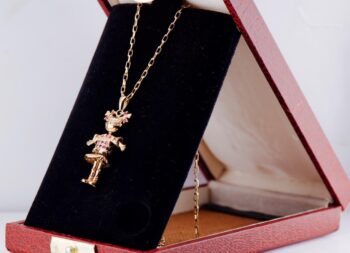 Antique UK 9k Solid Gold Articulated Figural Doll Pendant Necklace Ruby Sapphire