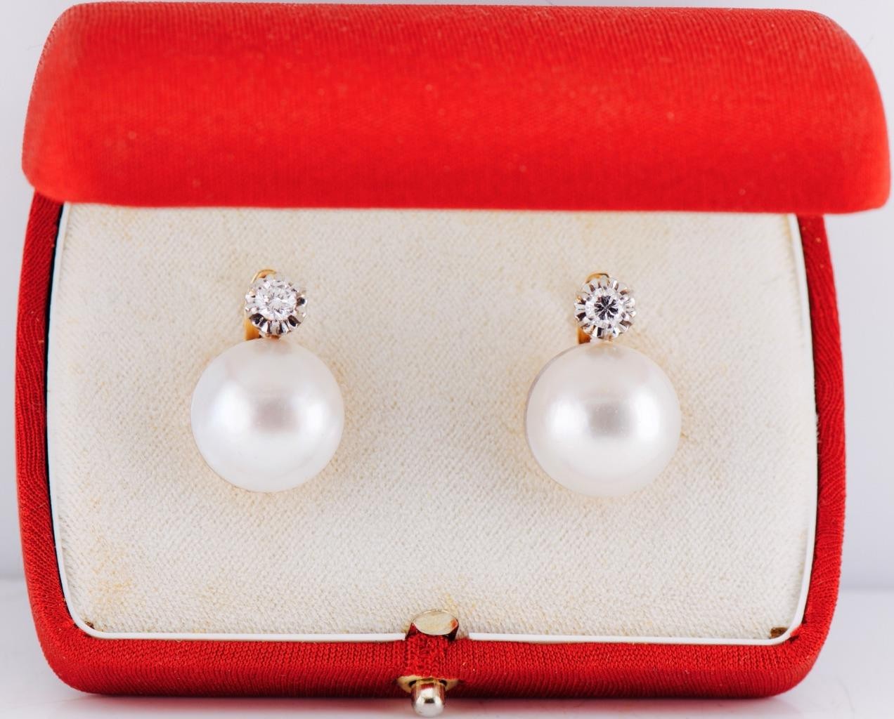 Vintage Mikimoto 15.7mm South Sea Pearl & 0.60ctw Diamond 18K Gold Earrings