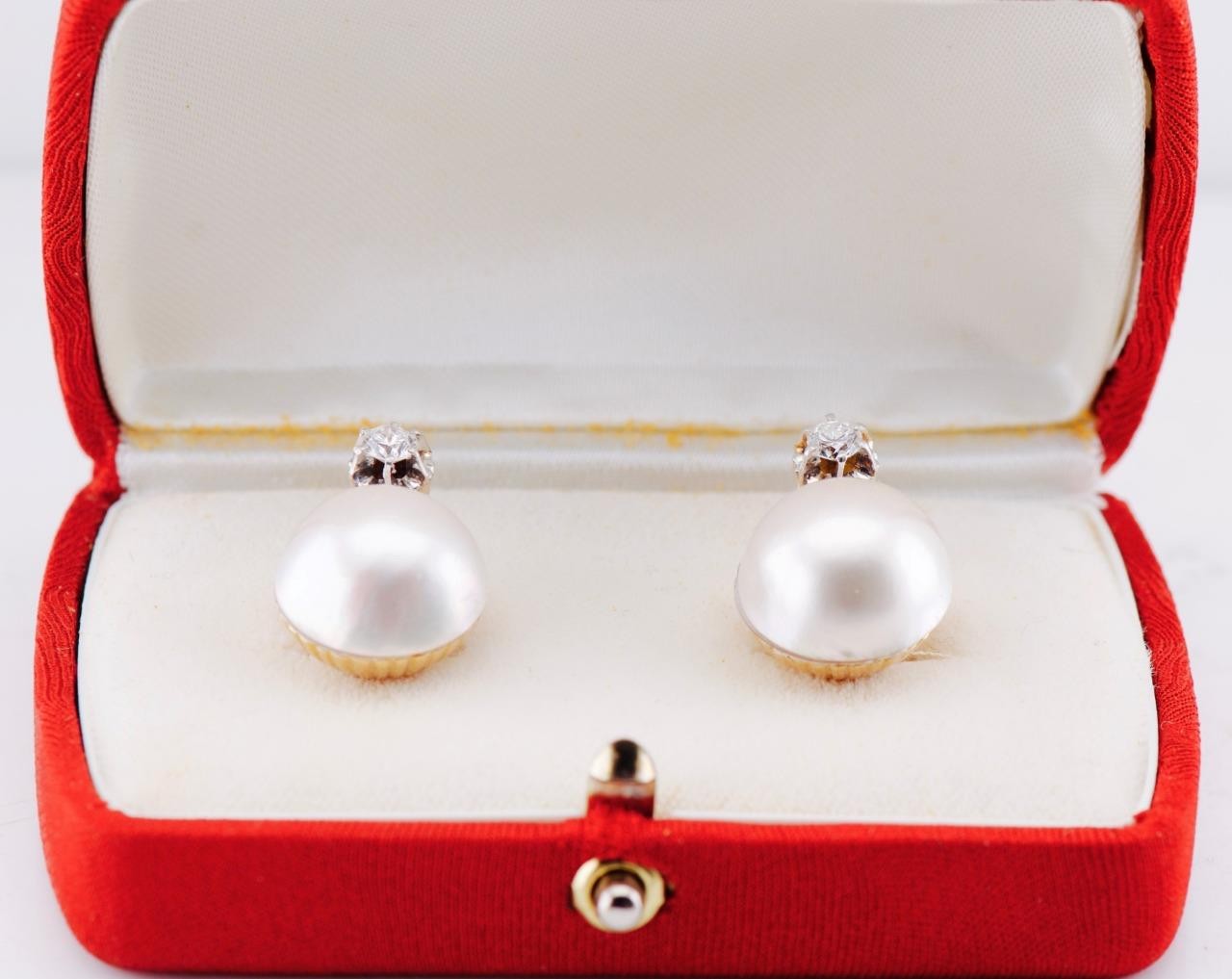 Vintage Mikimoto 15.7mm South Sea Pearl & 0.60ctw Diamond 18K Gold Earrings
