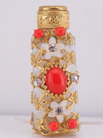 Rare Antique Caged Glass Perfume Bottle | 18k Gold Plate & Jeweled Cabochons