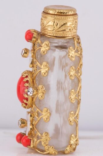 Rare Antique Caged Glass Perfume Bottle | 18k Gold Plate & Jeweled Cabochons