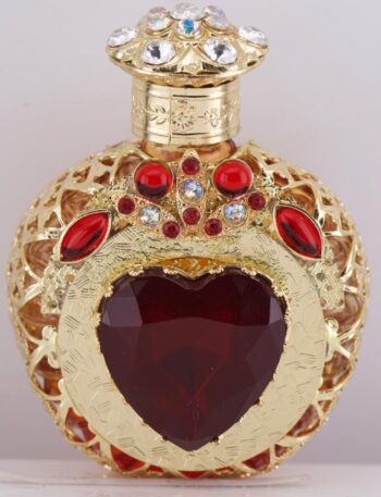 Rare Antique Caged Glass Perfume Bottle | 18k Gold Plate & Red Heart Paste Stone