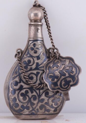 Rare Antique Imperial Era Solid Silver Niello Perfume Bottle | Chatelaine Scent