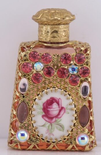 Rare Antique 18k Gold Plated Jeweled Perfume Bottle | Paste Stones & Rose Plaque