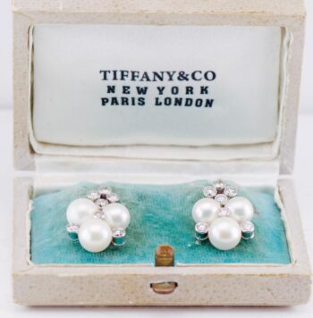 Antique Art Deco Tiffany & Co Earrings 18K White Gold Sea Pearl & 1.5ctw Diamond