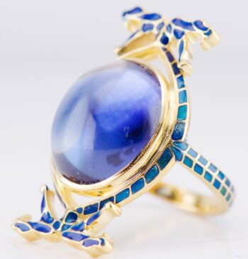Antique Art Nouveau Lalique 18K Gold Enamel Snake Ring Sapphire Cabochon 1900s