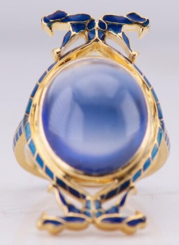 Antique Art Nouveau Lalique 18K Gold Enamel Snake Ring Sapphire Cabochon 1900s