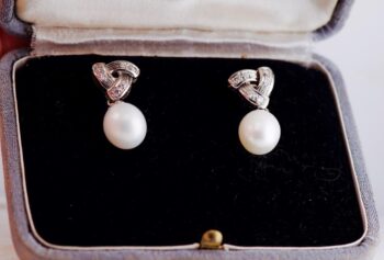Antique Tiffany & Co. Art Deco 18k White Gold Diamond & 10mm Pearl Drop Earrings