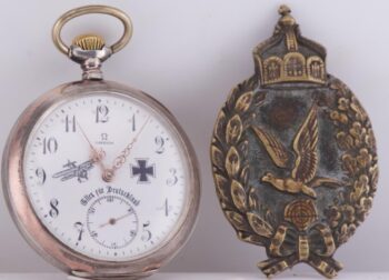 RARE Antique WWI German Pilot Award Silver Omega Pocket Watch & Badge