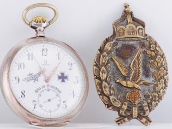 RARE Antique WWI German Pilot Award Silver Omega Pocket Watch & Badge