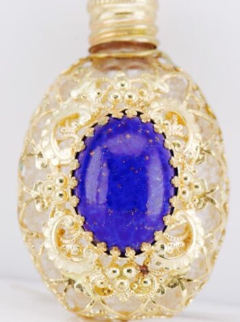 Rare Antique Caged Glass Perfume Bottle | 18k Gold Plate & Lapis Lazuli Cabochon