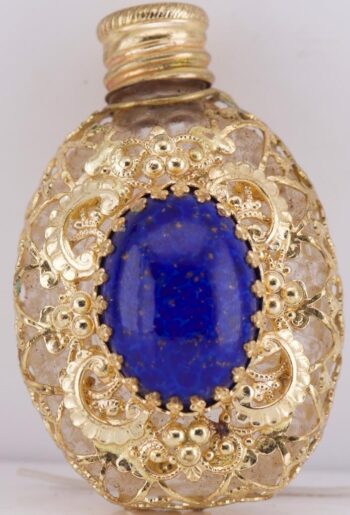 Rare Antique Caged Glass Perfume Bottle | 18k Gold Plate & Lapis Lazuli Cabochon
