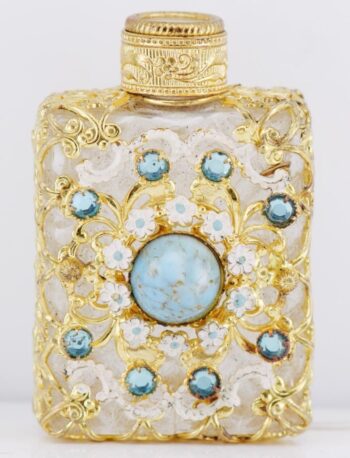 Rare Antique 18k Gold Plated Jeweled Perfume Bottle | Blue Paste Stones & Enamel