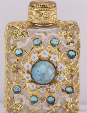 Rare Antique 18k Gold Plated Jeweled Perfume Bottle | Blue Paste Stones & Enamel