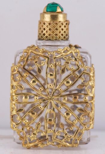 Rare Antique Caged Glass Perfume Bottle | 18k Gold Plated Filigree & Emerald