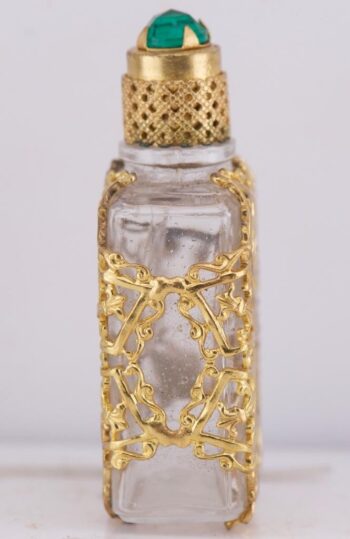 Rare Antique Caged Glass Perfume Bottle | 18k Gold Plated Filigree & Emerald