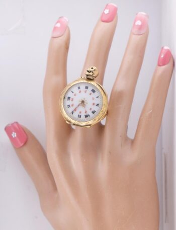 Antique French Memento Mori Ring Watch Skull Crown – 18K Gold Plated Silver