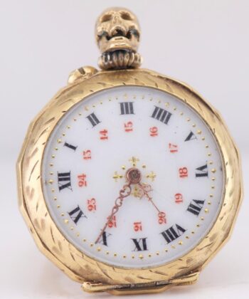 Antique French Memento Mori Ring Watch Skull Crown – 18K Gold Plated Silver