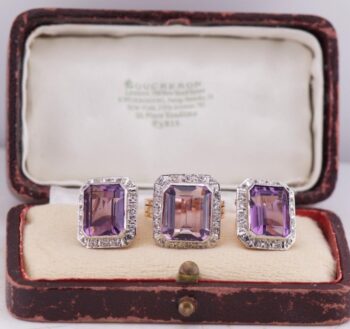Antique Art Deco BOUCHERON PARIS 18K Gold Amethyst & Diamond Earrings & Ring Set
