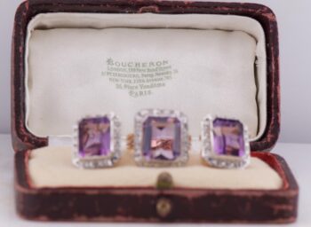 Antique Art Deco BOUCHERON PARIS 18K Gold Amethyst & Diamond Earrings & Ring Set