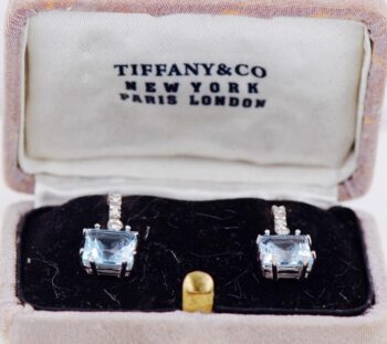 Antique Art Deco TIFFANY & CO 18k White Gold Aquamarine & Diamond Drop Earrings