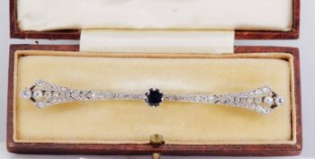 ANTIQUE ART DECO Tiffany & Co Brooch 18k White Gold 2ct Diamond & 0.5ct Sapphire