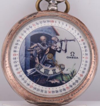 ANTIQUE c.1890s OMEGA .800 Silver Memento Mori Jump-Hour Digital Pocket Watch