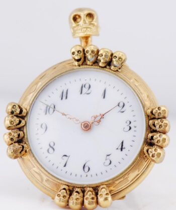 ANTIQUE French Memento Mori Skull Ring Watch 18k Vermeil - Size 11 - c1890
