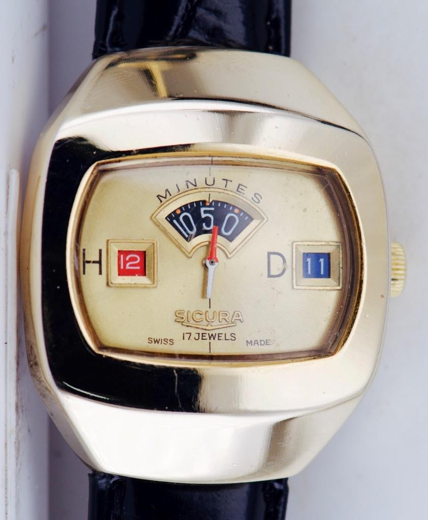 VINTAGE SICURA (Breitling Connection) Mechanical "Jump Hour" Digital Watch 1970s