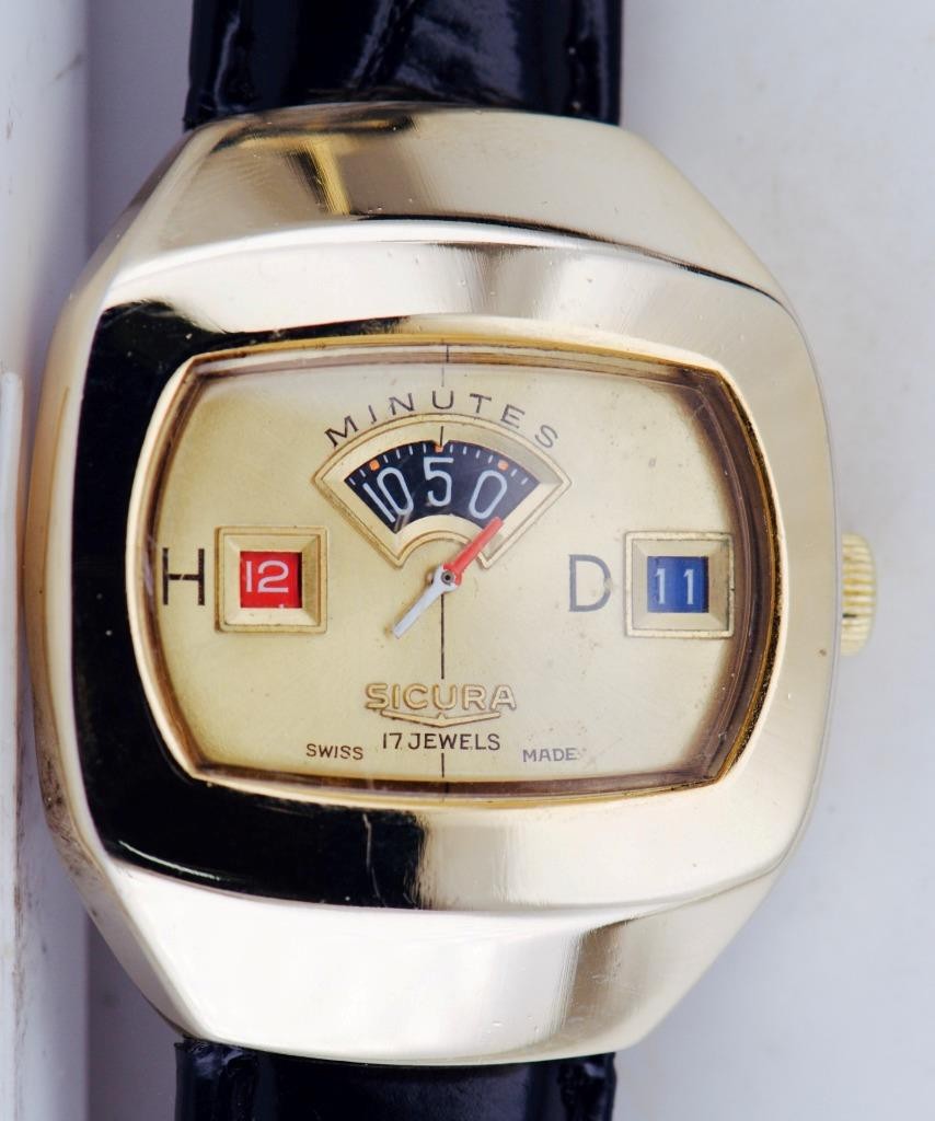 VINTAGE SICURA (Breitling Connection) Mechanical "Jump Hour" Digital Watch 1970s