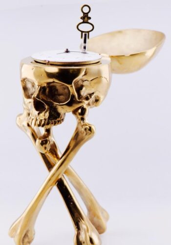 Desk Clock French Ormolu Gilt Bronze Verge Fusee Memento Mori Skull Bones