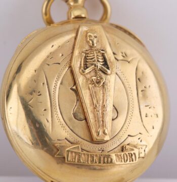 RARE c. 1850s French Memento Mori Pocket Watch 18K Vermeil Chased Case Key Wind