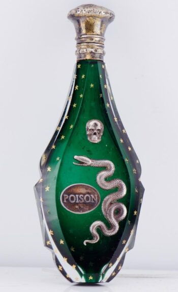 Antique Victorian Doctor's Poison Bottle – Emerald Green Glass Skull Snake Motif