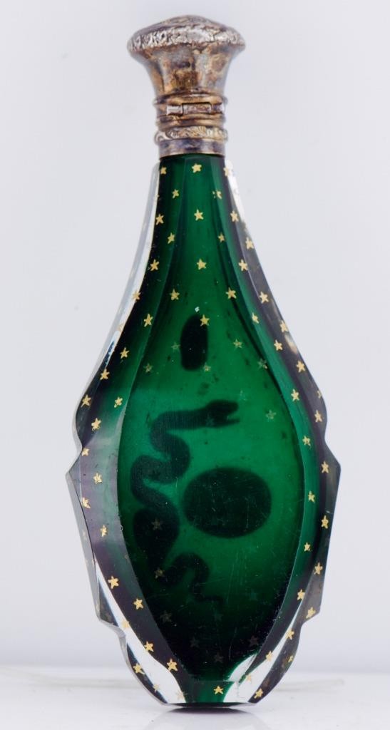 Antique Victorian Doctor's Poison Bottle – Emerald Green Glass Skull Snake Motif