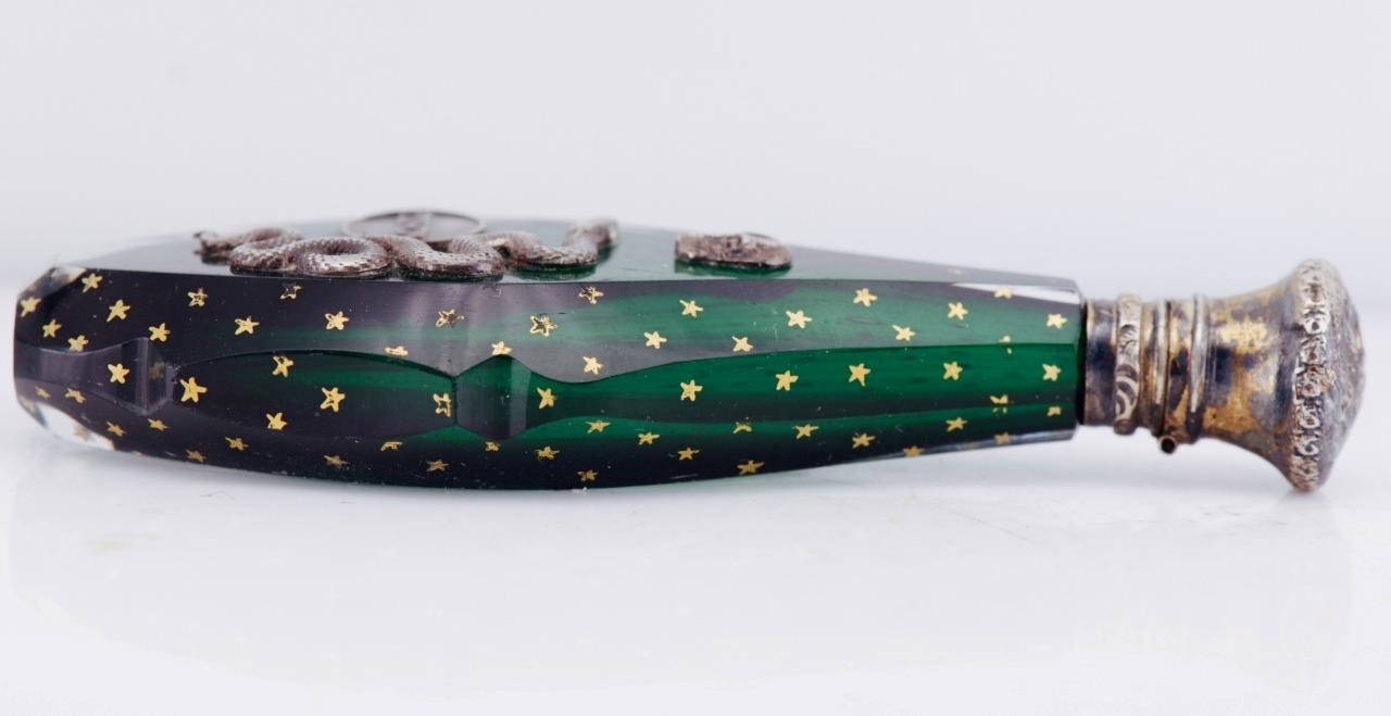 Antique Victorian Doctor's Poison Bottle – Emerald Green Glass Skull Snake Motif