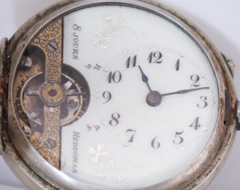 Antique HEBDOMAS 8-Day Pocket Watch Engraved Silver Visible Escapement 39mm Mint
