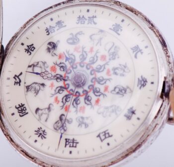 Antique 1850s Pocket Watch Qing Dynasty Chinese Duplex Silver Zodiac Enamel Dial