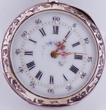 Antique Royal Award Silver Pocket Watch and Silver Icon Enamel Chatelaine Fob
