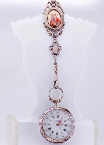 Antique Royal Award Silver Pocket Watch and Silver Icon Enamel Chatelaine Fob