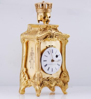 Antique French Verge Fusee Gilt Bronze Desk Clock Memento Mori Skull Doctor's