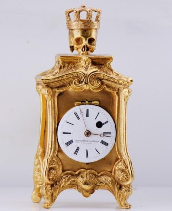 Antique French Verge Fusee Gilt Bronze Desk Clock Memento Mori Skull Doctor's