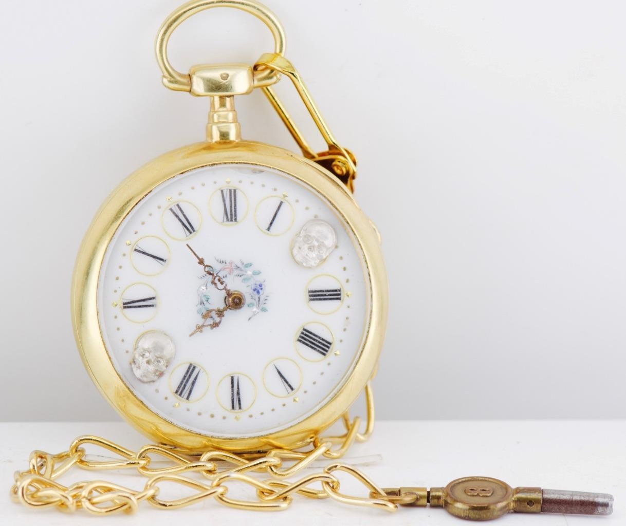 Antique Vacheron Freres Memento Mori Skull Pocket Watch 18k Gold Plated Case