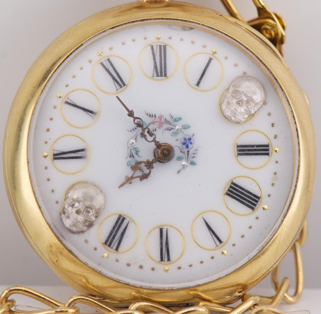 Antique Vacheron Freres Memento Mori Skull Pocket Watch 18k Gold Plated Case
