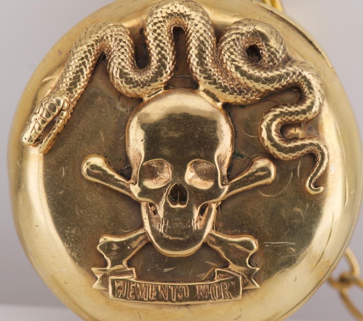 Antique Vacheron Freres Memento Mori Skull Pocket Watch 18k Gold Plated Case
