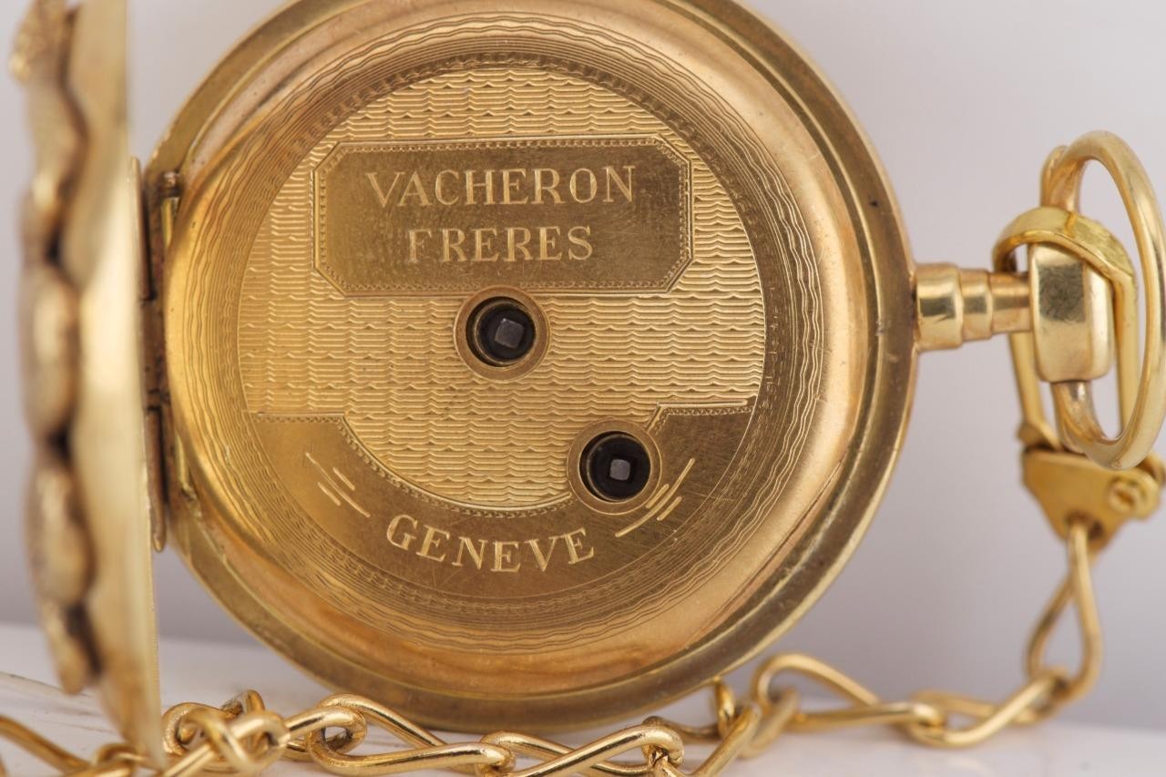 Antique Vacheron Freres Memento Mori Skull Pocket Watch 18k Gold Plated Case