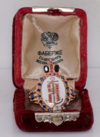Antique Faberge Navy Admiral's Award Ring 14k Gold Enamel Ruby Sapphire-Box 1908